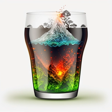 transparent water glass. inside it there's a volcano forest with green lava fire, illuminated bright, clipart, white background