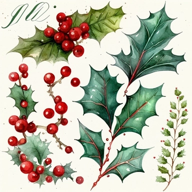Watercolor set, Christmas holly leaf collection. Green leaves and red holly berries isolated on white background, christmas clipart. winter decoration for postcards, wrapping paper with illustrations