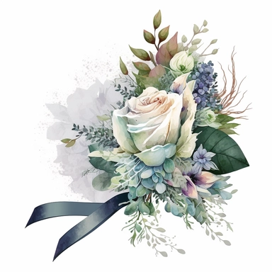 clipart aquarelle, detailed ans realistic, white background. beautiful flower tribute in white color, white theme, Bouquet for funeral, loss, sorry, with additions like sash ribbon