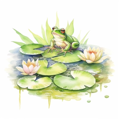 Watercolor Lily Pond Clipart - springtime cute lily pad and frog pond , white background, no text