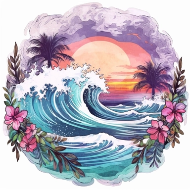 Pastel Cute Beautiful Hawaii Wave Beach Watercolor Sublimation Clipart,Cartoon, hyper realistic, intricate detail, illustration style,high solution,on the white background