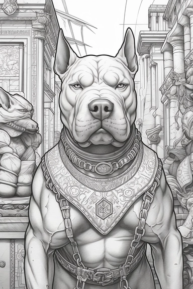 a realistic coloring book style hyper detailed image of a vicious muscular vibrant pit bull with clipped pointy ears, standing guard confident in front of an egyptian pryamid entrance, a low rider, a beautiful african queen, and a muscular mexican hip hop man, realistic coloring book page