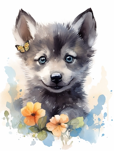 cute happy grey wolf cub with butterfly on the nose, pastel watercolor, clipart, solid background