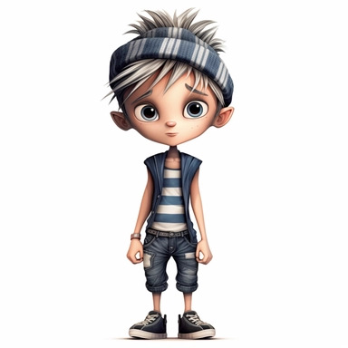 little boy doll style, thin black contour lines, jeans, sneakers, striped hat, spiky hair, cartoon, clipart, cute eyes, illustration for kids, disney,