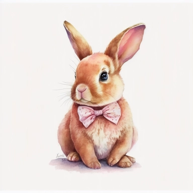 a detailed watercolor painting of a cute cartoon baby bunny with bowtie, clipart, watercolor style, pink, pastel colors, isolated on white background, children's book illustration