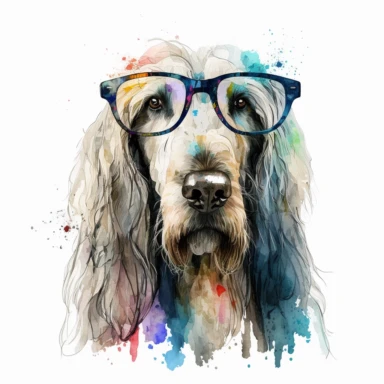 a watercolor painting of a Afghandog Hound COOL with glasses, clipart, white background
