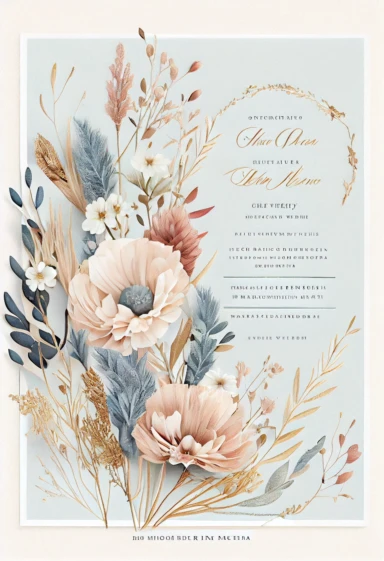 beautiful, intricate, sharp focus, light blue, tan, and pink flowers, boho wedding invitation with white fluffy tail flowers, dried grasses, show entire invitation, no border, clipart, on white background, flat lay, extreme detail, wedding invitation,