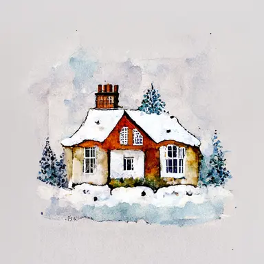 christmas, cute English country cottage, symmetrical, winter, snow, watercolor, clipart