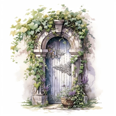 watercolor, hyper realistic, white background, white margins, 16k, ultra detailed clipart, cut out image, hand-drawn a door framed by a blooming vine, with flowers cascading down from above and lush greenery surrounding the entrance, creating a sense of natural beauty and serenity.