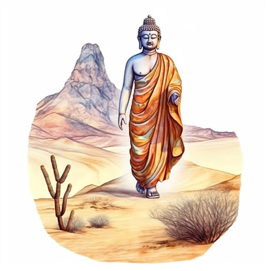 Buddha walking in the dessert, watercolor style, clipart solid white background