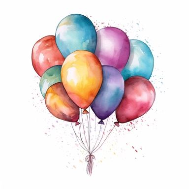 Design a watercolor clip art image of a group of colorful balloons floating in the air, ready for a birthday celebration.