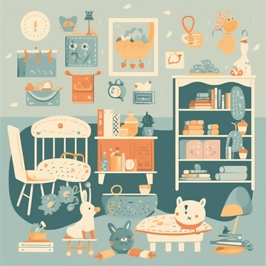 furniture, toys, books, images, flat vector clipart, nursery decor, small child, cute, children room deco