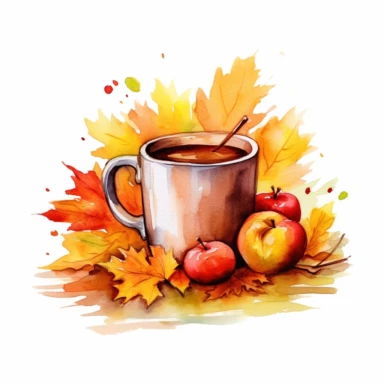 autumn-looking mug willed with hot apple cider clipart, outdoors, autumn, watercolour, hd, detailed, spread out, white background
