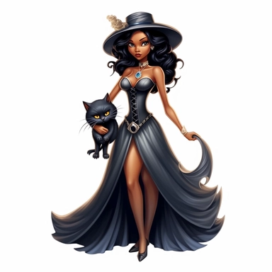 Very attractive black beauty witch in a dress emphasizing her beautiful figure with a cat in her arms as clipart on a white background