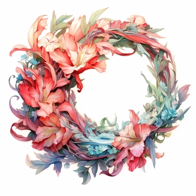wreath of Gladiolus light watercolor clipart, centered, isolated on white background, James Jean and Peter Mohrbacher