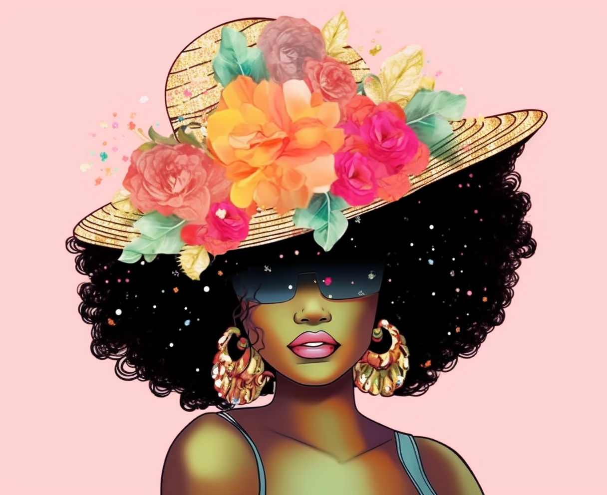 a vector of a black afro woman with flower buds and a hat, juneteenth colors. in the style of glittery and shiny, hip hop influenced, clipart, few colors, floral