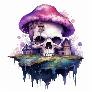 centralized clipart of a evil skull mushroom fae houses in the style of enchanting watercolors, emotive storytelling, multilayered dimensions, deathcore, illusionistic images purple tinted white background