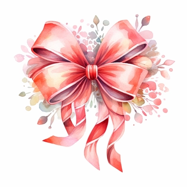 Generate clipart of a magical floral watercolor-style gift bow , in pastel red light tones, high detail, 8k, white background, clipart