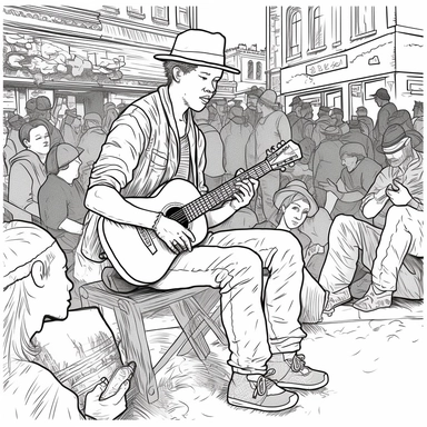 coloring pages book, black and white, white background, linework, Clip art. Guy, public singing, street performer, graffiti park.