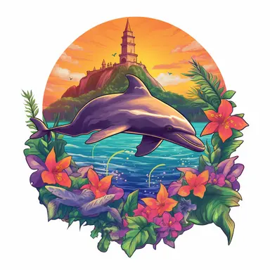 dolphin, close up, a sticker, artwork of t shirt graphic of majestic forest, in digital painting style , beautiful flowers, sunset mountains and clouds , big vines, stone temple covered in vines, white background, colorful fantasy flower sorround , highly detailed clean, vector image, photorealistic masterpiece, professional photography, realistic, flat white background, isometric, vibrant vector, clipart, illustration, realism, 4k, , cinematic, front view, white background, paradise, extremely 