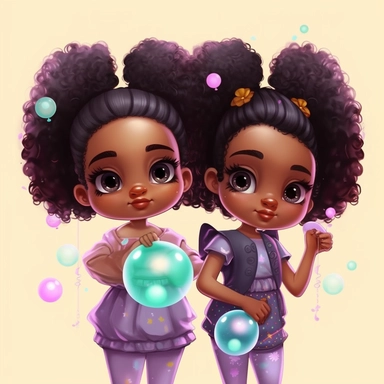 realistic, cinematic, 8k, clipart, Cute Black Twin Girls Bubble Art, African American twin girls, Chibi and Kawaii Style, png,
