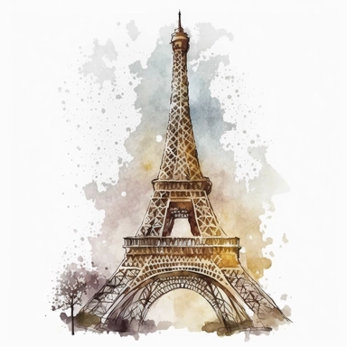 realistic eiffel tower watercolour style clipart with white background