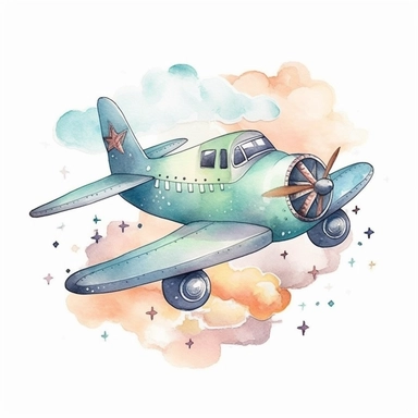airplane, watercolor, doodle,fable, child book, clip art, transparent background, 300 dpi, nursery illustration, minimalist, vector illustration, optimistic -