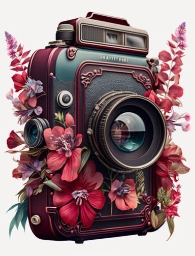 a watercolor vintage camera 1 photo lens only, profil view, surrounded by an intricate arrangement of dramatic extravagant ultra realistic digital 3D giant red burgundy tiare flowers, in the style of large-scale photography, lush detailing, watercolor style, pastel colors, photorealistic, playfully intricate, made of flowers, bloomcore, 8K, clipart, clear background