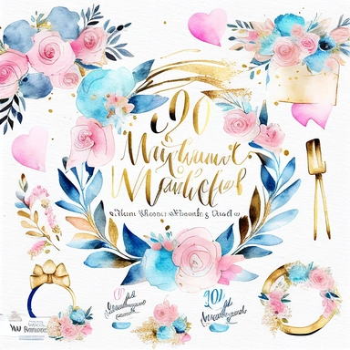 watercolor marriage anniversary clipart collection, white background, white, pink, blue and gold illustrations