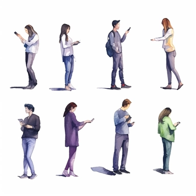 watercolor, Hands holding mobile phones set. Fingers touching, tapping, scrolling smartphone screens, using applications. People handling cell phones. png Full body realistic cartoon in 32K UHD cute. 15 cm thick outline. Black color. There was no shadow on the ground. 8k with realistic watercolors and detailed illustrations. PNG clipart, transparent white background