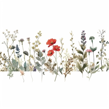 Pressed boho wild flowers cottagecore vintage botanical pastel floral nature flower garden with seamless border, clipart with white background –ar 293:151