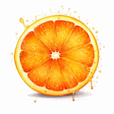 an orange with flecks of juice on white background. Clipart