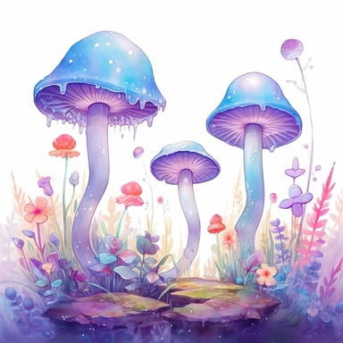 Watercolour Magic Mystical Mushrooms clipart watercolor style , dreamy color, anime style, ghibli , trippy , planet , stars, epic, flowers, Phantasmal Iridescent