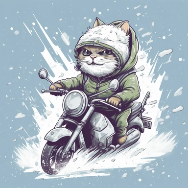 Draw a series of cliparts showing a cat riding a motorcycle through different weather conditions, such as rain or snow. Low detail. White background, soft lighting. In the style of Bob Ross
