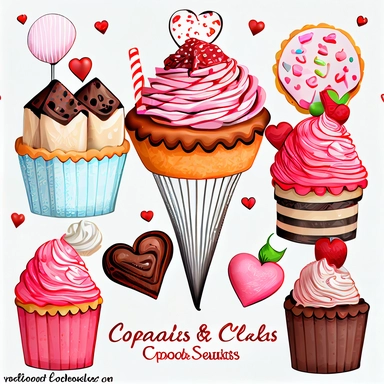valentines day treats, cupcakes, chocolate candy, ice cream soda, cakes and cookies clipart set, hand-drawn,