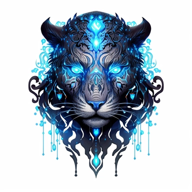 a glowing tribal leopard with blue lights on his eyes, tribal animals, in the style of manhwa character design, master of shadows, burned/charred, himalayan art, dark black and light azure, clipart, on white blackground