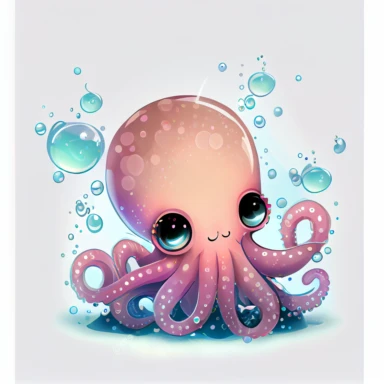 cute pink octopus with big head, big eyes with water bubbles, hand draw Illustration clipart, 4K, extremely detailed