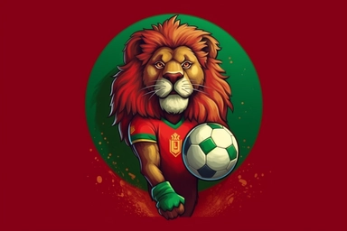 lion atlas, national football team, cartoon, world cup 2030, clipart, background stadium, red and green, moroccan flag, detailed, ultra HD, charismatic, passion, lion holding ball, fierce,