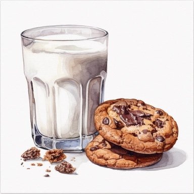 clipart of two realistic chocolate cookies, a glass of white milk, surrounded by white background, wide shot, very detailed, watercolor illustration, white background, cinematic, high quality, 32 k,