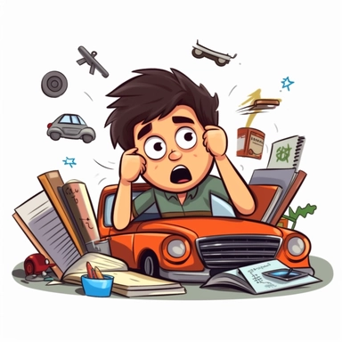simple clipart image of cartoon frustrated student trying to work on a vehicle but fumbling everything