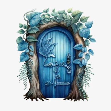 Watercolour beautiful azure blue realistic forest fairy door with realistic perfectly detailed forest leaves beautiful realistic details perfect forest fairy door magnificent details beautiful compelling realistic PNG image,ultra highly detailed, 18k, sharp focus, bright photo with pastel colours digitally enhanced, enhanced graphics, straight, sharp focus, bright lighting, intricate detailed png image ,high definition,300dpi,graphic clipart,computer graphics