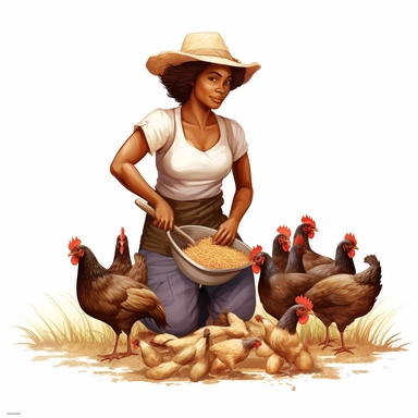 illustration clipart of african american woman farming with chickens around, hyperrealistic, white background