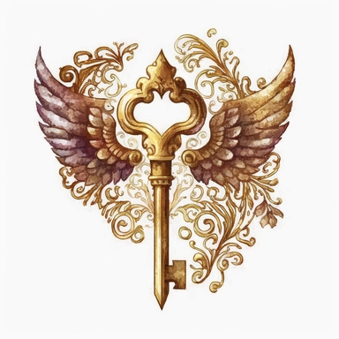golden key with wings, watercolor clipart, white background, high detail