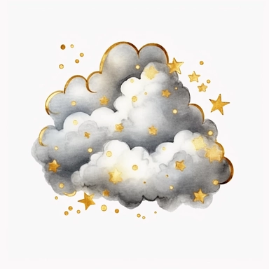 watercolor realistic cloud with gold stars clipart, single clipart, high resolution, light color, 8k