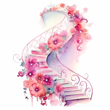 Whimsical watercolor illustration of pink flowers gracefully spiraling down a staircase, capturing a sense of movement, rhythm, and the whimsical nature of dreams and imagination, as if the flowers are dancing through the air, clipart on a clean white background.