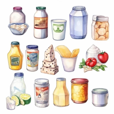 watercolor, Organic dairy products set. Fresh milk drinks, cheese, butter, ice cream, yogurt. Different natural food and beverages in packs and bottles. png Full body realistic cartoon in 32K UHD cute. 15 cm thick outline. Black color. There was no shadow on the ground. 8k with realistic watercolors and detailed illustrations. PNG clipart, transparent white background