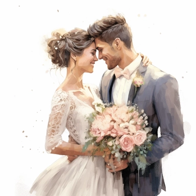 watercolor, drawing, illustration of the bride and groom, bride short haircut, laughing, kissing, wedding dance, holding a bouquet, flowers, clipart, high resolution image, detailed image, photorealistic, 3D, 4K