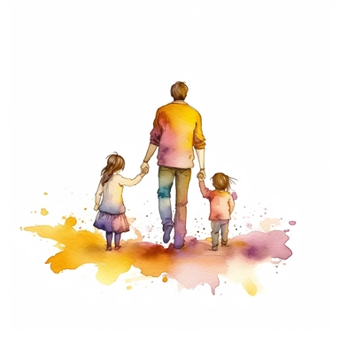 children holding father's hand, water color style, clipart, white background
