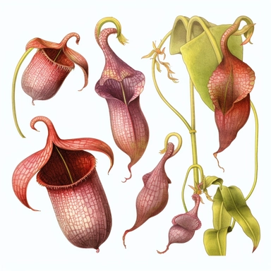 Clipart, vintage, watercolor, Nepepenthes Veitchii, Nepenthaceae, Carnivorous plant, botanical illustration, hand drawn, texture