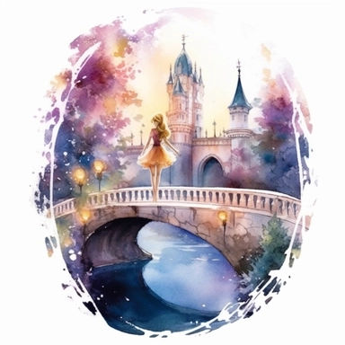light watercolor wild castle and beauty girl in the moonlight in beautiful forest with bridges, roses, flowers,and lights realistic clipart on white background